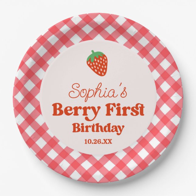 Assiettes En Carton Berry rouge fraise première fête d'anniversaire (Devant)