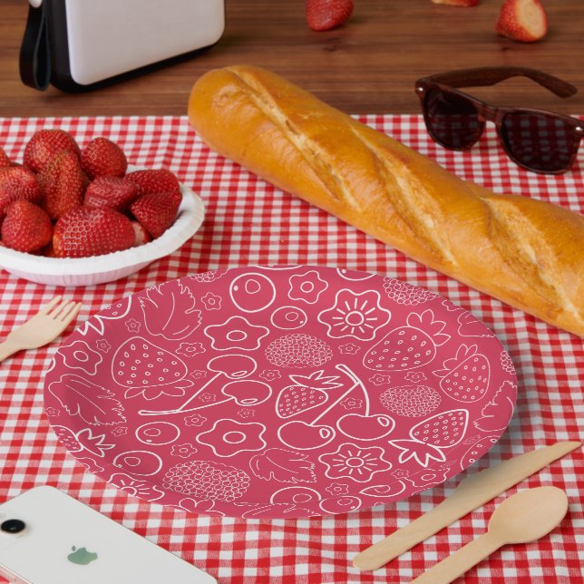 Assiettes En Carton Berry Strawberry Cherry White Hand drawn Modern. (Pique-nique)