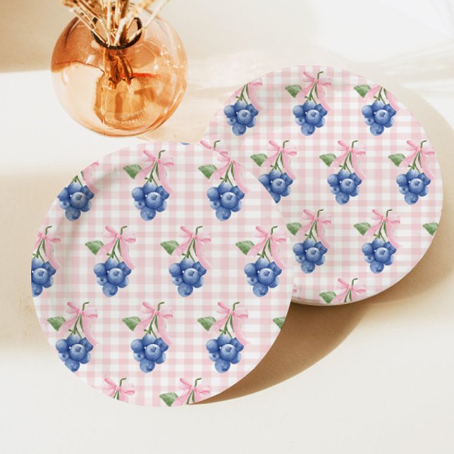 Assiettes En Carton Berry Sweet bleu 1er anniversaire En vichy rose (Créateur téléchargé)