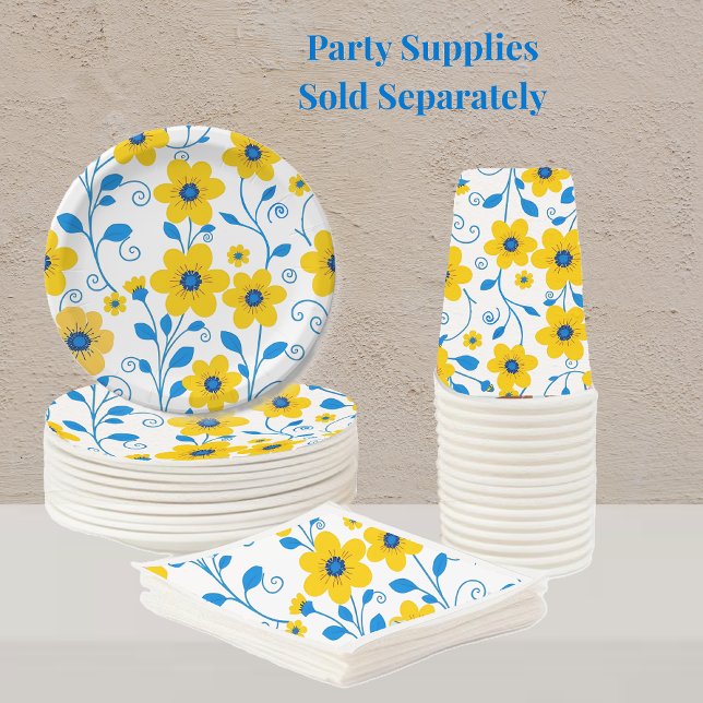 Assiettes En Carton Beurre jaune et bleu floral (Butter Yellow and Blue Floral Pattern- Party Supplies, plates, napkins and cups)
