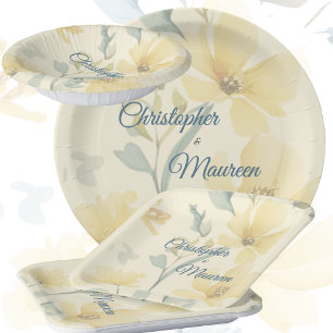 Assiettes En Carton Beurre pâle Jaune Doux Bleu Mariage Floral