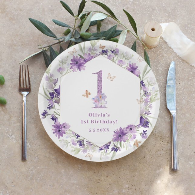 Assiettes En Carton Beurre violet fleur sauvage 1er anniversaire (Créateur téléchargé)