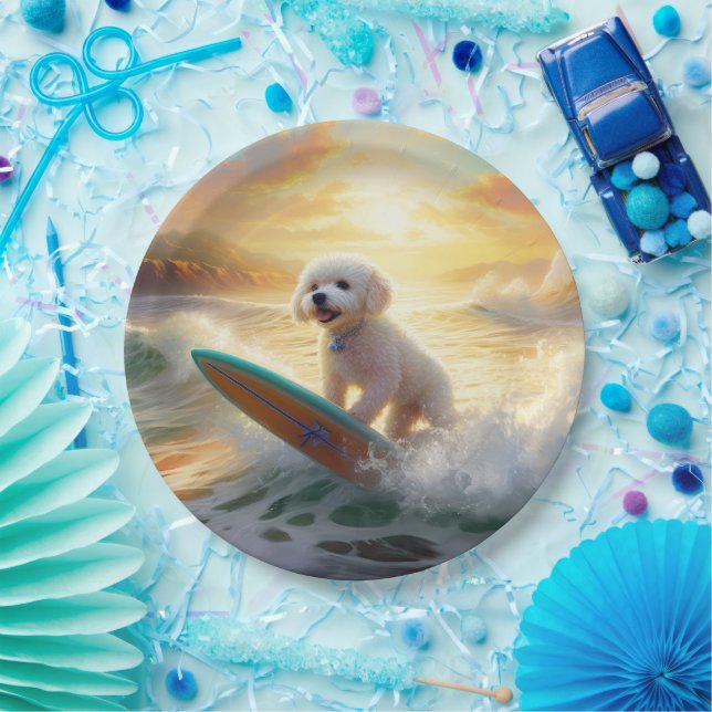 Assiettes En Carton Bichon Frise Beach Plage Surf Peinture (Fête)