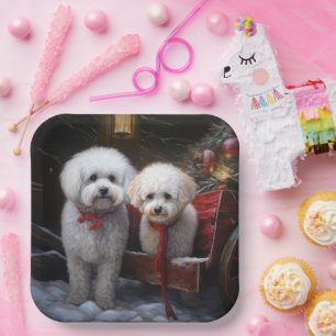 Assiettes En Carton Bichon Frisé Traîneau enneigé Décor de Noël