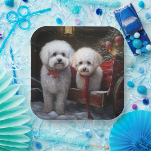 Assiettes En Carton Bichon Frisé Traîneau enneigé Décoration de Noël