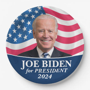 Assiettes En Carton Biden 2024 - Photo avec drapeau américain