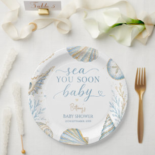 Assiettes En Carton Bientôt sur les mers Coquillages bleus Baby Shower