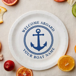 Assiettes En Carton Bienvenue à bord Nom du bateau Sea Ancre Blue Whi