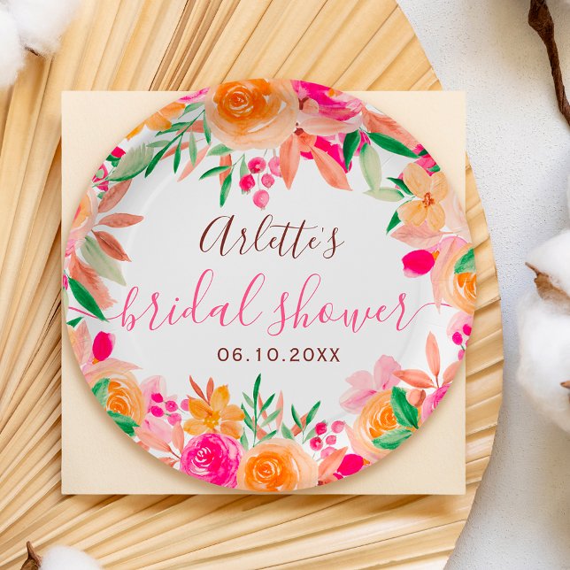 Assiettes En Carton Bienvenue à la soirée de douche de mariage aquarel (Bold fall floral watercolor bridal shower welcome paper plates)