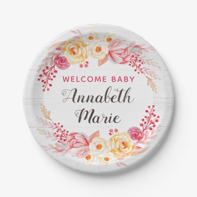 Assiettes En Carton Bienvenue Baby Shabby Chic Baby shower Floral Rust (Devant)