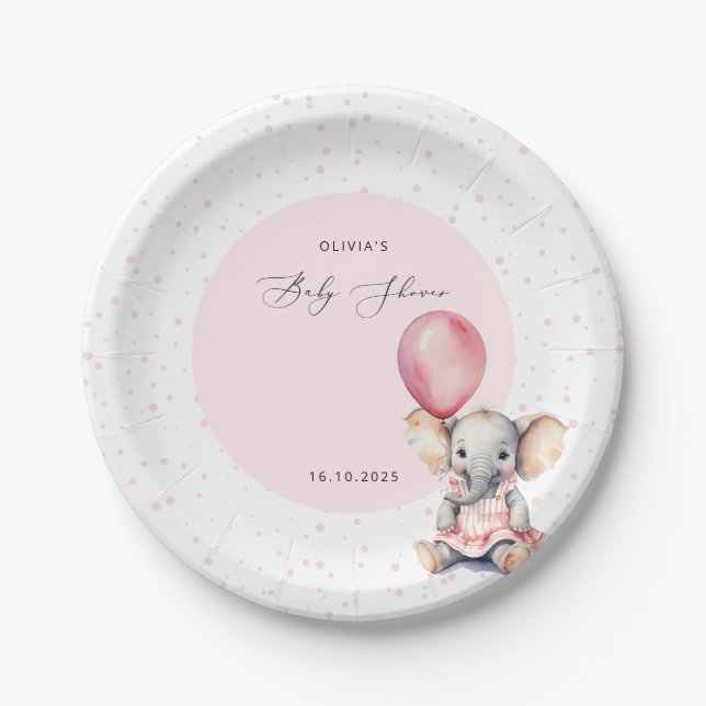 Assiettes En Carton Bienvenue Baby shower fille Eléphant rose Ballons (Devant)