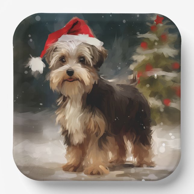 Assiettes En Carton Biewer Terrier Chien dans Noël de neige (Recto)
