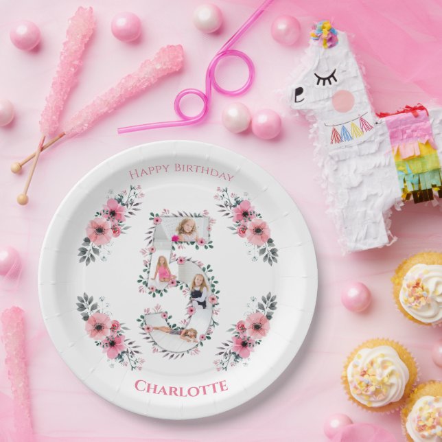 Assiettes En Carton Big 5th Birthday Girl Photo Collage Fleur rose (Fête)