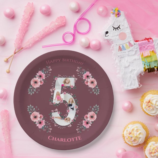 Assiettes En Carton Big 5th Birthday Girl Photo Collage Fleur rose (Fête)