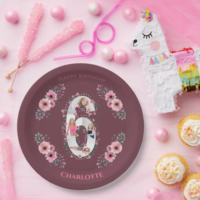 Assiettes En Carton Big 6th Birthday Girl Photo Collage Fleur rose (Fête)