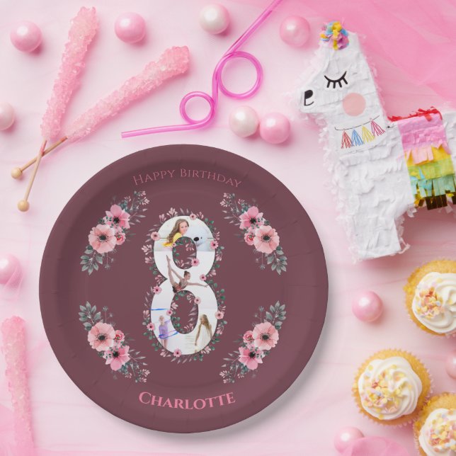 Assiettes En Carton Big 8th Birthday Girl Photo Collage Fleur rose (Fête)