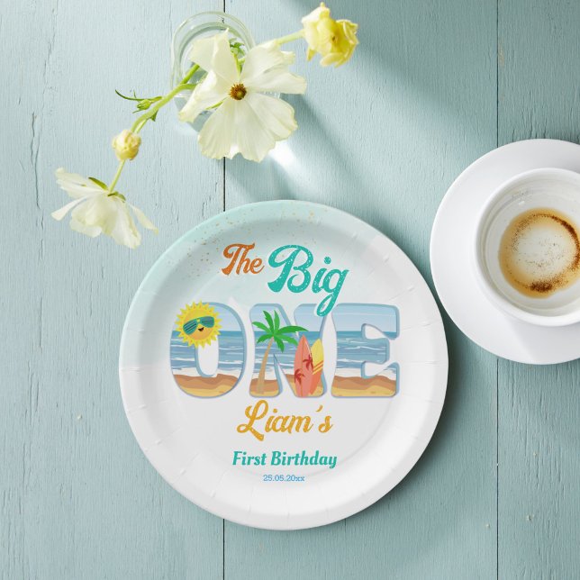 Assiettes En Carton Big One surf plage été anniversaire vaisselle (Big One surfing beach summer birthday party personalized tableware monogram printed Paper Plates)