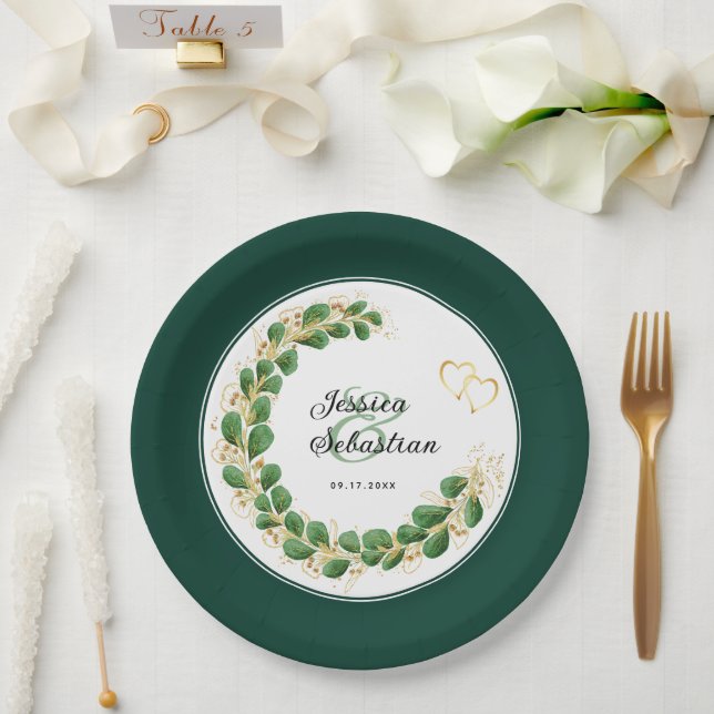 Assiettes En Carton Bijoux ton Emerald Vert & or Eucalyptus Mariage (Mariage)