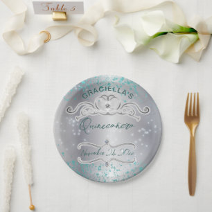 Assiettes En Carton Bijoux Turquoises en argent Tiara Quinceañera