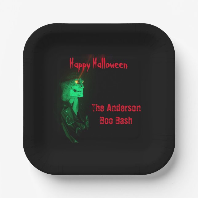 Assiettes En Carton Biker Billy Halloween Squelette Noir & Rouge (Recto)