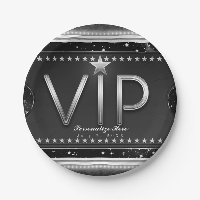 Assiettes En Carton Billet VIP personnalisé pour la fête Black & Silve (Devant)