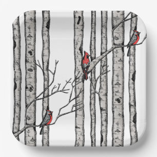 Assiettes En Carton Birches noirs et blancs et oiseaux cardinaux rouge