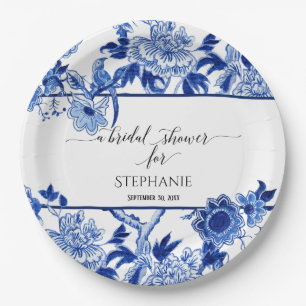 Assiettes En Carton Bird Vintage Chinoiserie Navy Bl Floral Aquarelle
