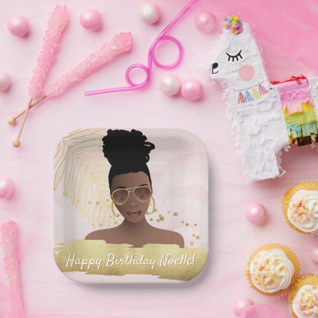Assiettes En Carton Birthday, Black Woman, Gold Tropical Leaf, Pink (Fête)