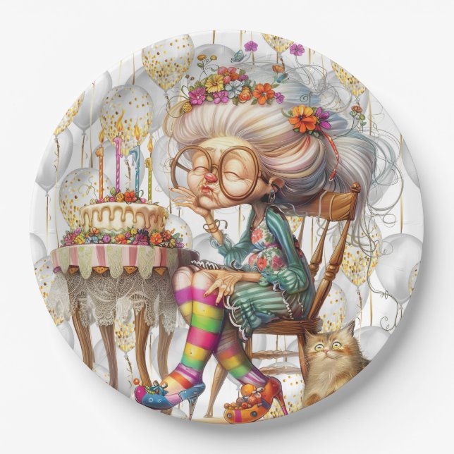 Assiettes En Carton Birthday Granny With Party Balloons (Devant)