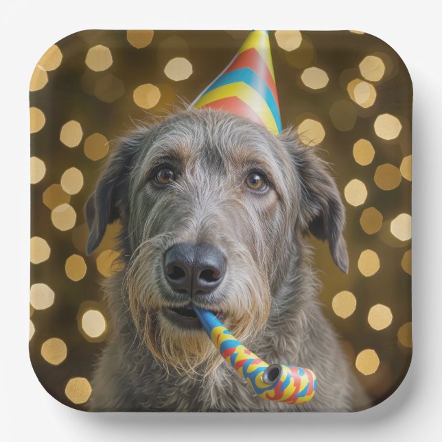 Assiettes En Carton Birthday Irish Wolfhound Dog With Party Hat (Recto)