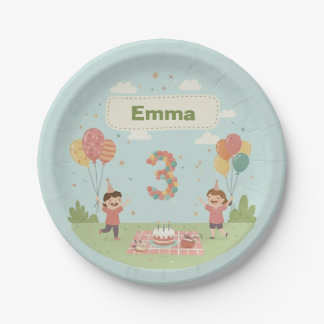 Assiettes En Carton Birthday Picnic, Cute Retro Style, Age 3