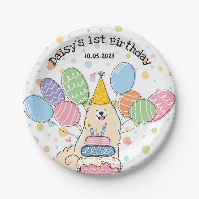 Assiettes En Carton Biscuit Samoyed Chien Anniversaire Plaques papier  (Devant)