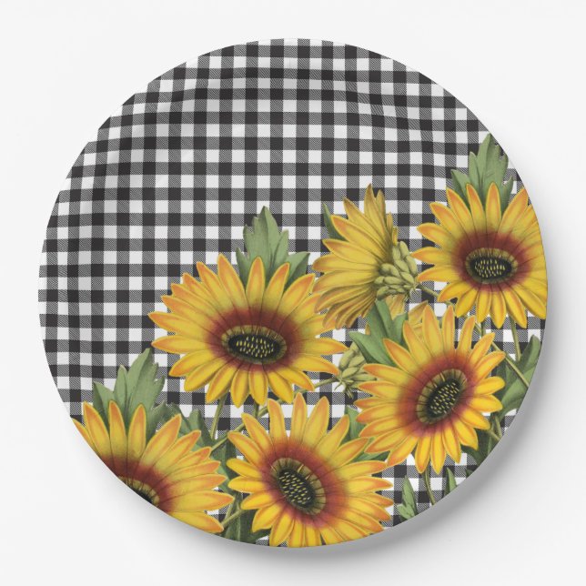 Assiettes En Carton Bison noir et blanc Plaid Tournesols jaunes  (Devant)