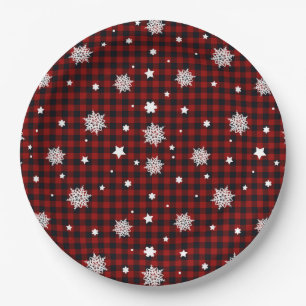 Assiettes En Carton Bison noir rouge Plaid Snowflake hiver Noël
