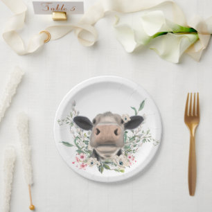 Assiettes En Carton bisou de nez de vache fleurs aquarelle gris animal