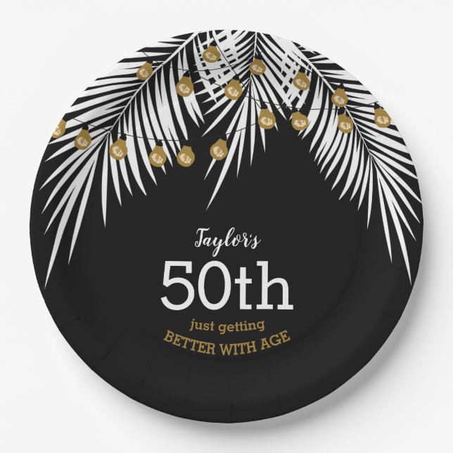 Assiettes En Carton Black and Gold 50th Birthday Party (Devant)