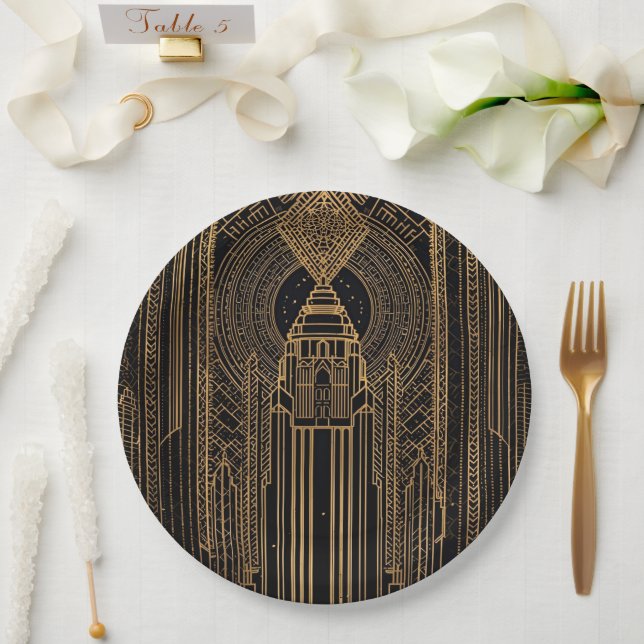 Assiettes En Carton Black and Gold Art Deco Paper Napkin (Mariage)