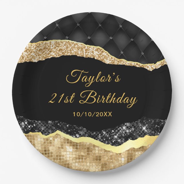 Assiettes En Carton Black and Gold Glam Tears Anniversaire (Devant)