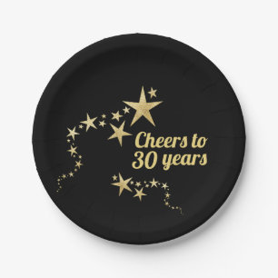 Assiettes En Carton Black and Gold Stars à 30 ans Anniversaire