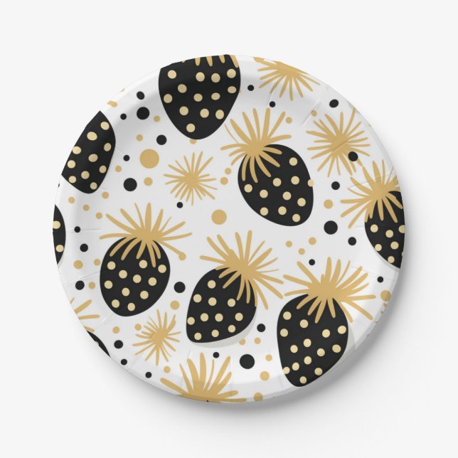 Assiettes En Carton Black and Gold Strawberry Pattern (Devant)