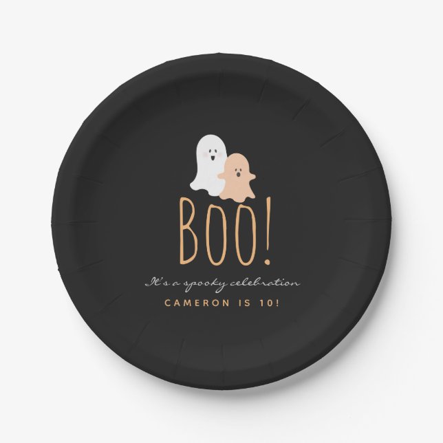 Assiettes En Carton Black and Orange Cute Ghosts Boo ! Halloween (Devant)