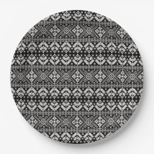 Assiettes En Carton Black and White Christmas Fair Isle Motif