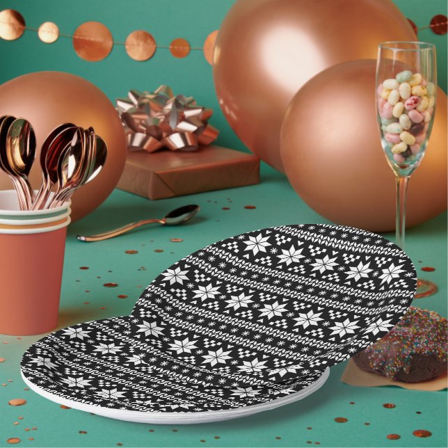Assiettes En Carton Black and White Fair Isle Sweat de Noël Imprimer (Multi)