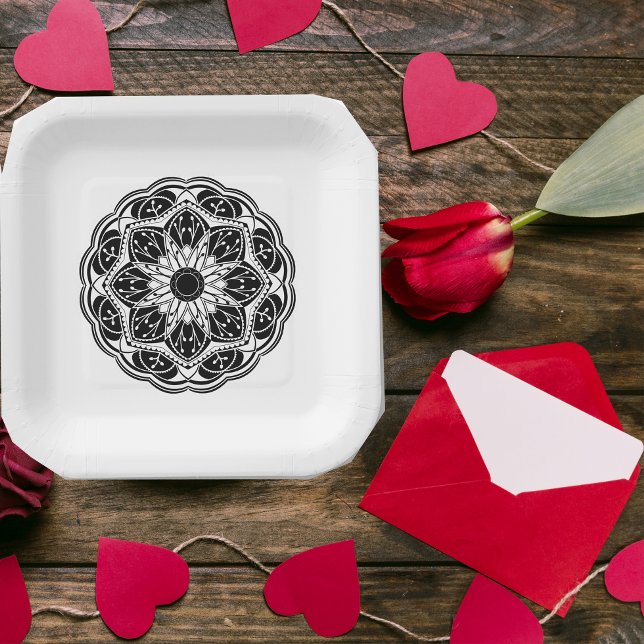 Assiettes En Carton  Black and white floral mandala square (Créateur téléchargé)