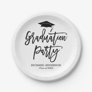 Assiettes En Carton Black and White Modern Script Graduation Party