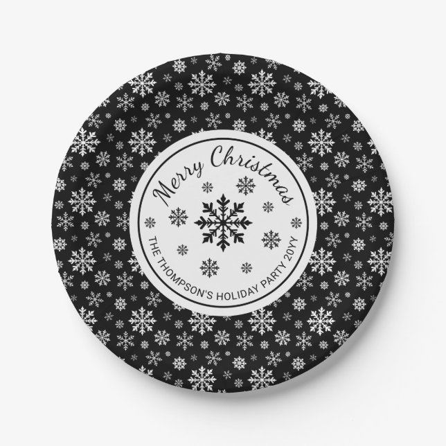 Assiettes En Carton Black And White Snowflakes Modern Christmas Party (Devant)