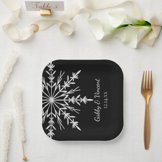 Assiettes En Carton Black and White Snowflakes Winter Wedding (Mariage)