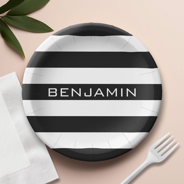 Assiettes En Carton Black and White Striped (Custom Paper Plate)