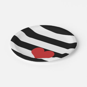 Assiettes En Carton Black and White Stripes avec Red Heart