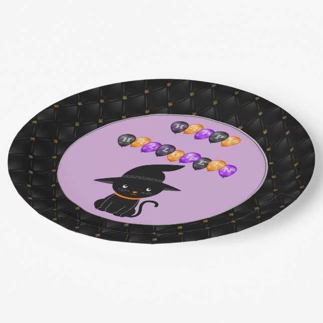 Assiettes En Carton Black Boarder Chat noir Happy Halloween Ballons (Angle)
